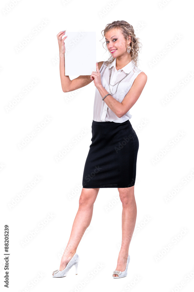 business woman hold empty blank board, full length portrait business woman hold empty blank board, full length portrait