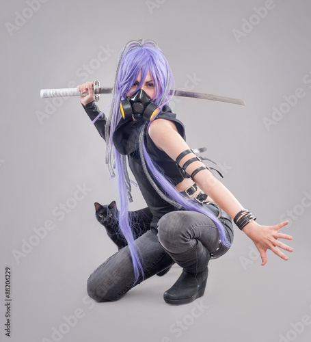 Schilderij op canvas Female fantasy warrior / Female warrior with sword and gas mask isolated on the