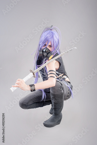 Schilderij op canvas Female fantasy warrior / Female warrior with sword and gas mask isolated on the