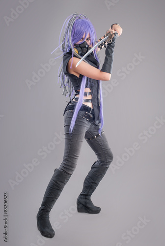 Foto Female fantasy warrior / Female warrior with sword and gas mask isolated on the