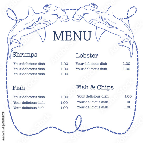 Vector nautical seafood menu with hammerhead shark and rope frame