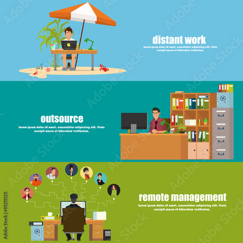 horizontal banner: remote operation, remote management and outsource. Vector illustration in a flat style.