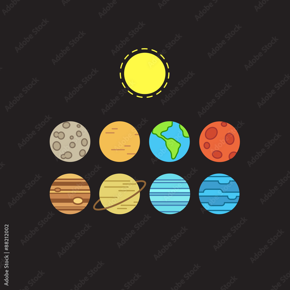 Fototapeta premium Set of symbolic stylized icons of solar system planets and sun on black background.