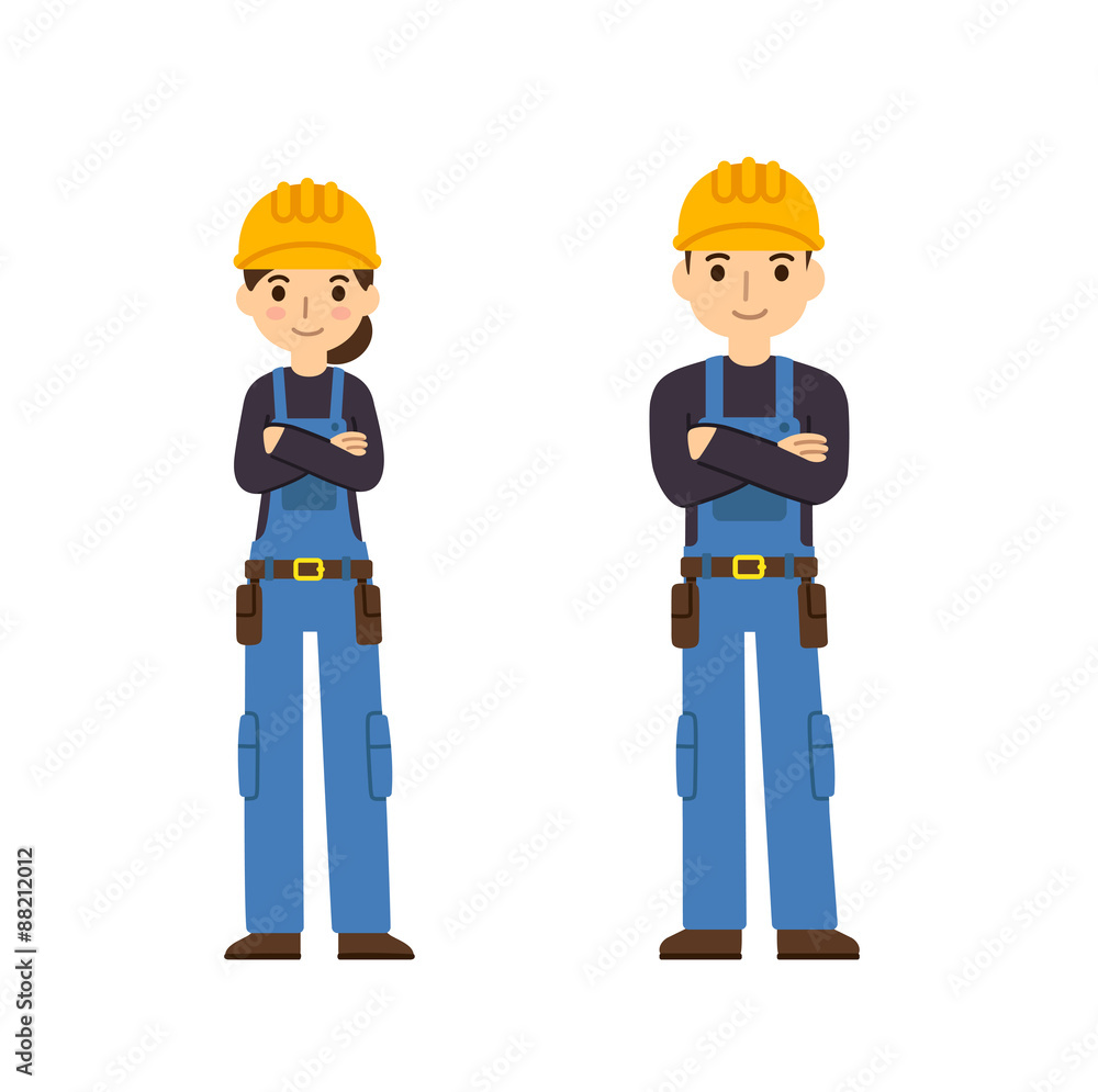 Two young construction workers, male and female, in cute flat cartoon  style. Isolated on white background. Stock Vector | Adobe Stock