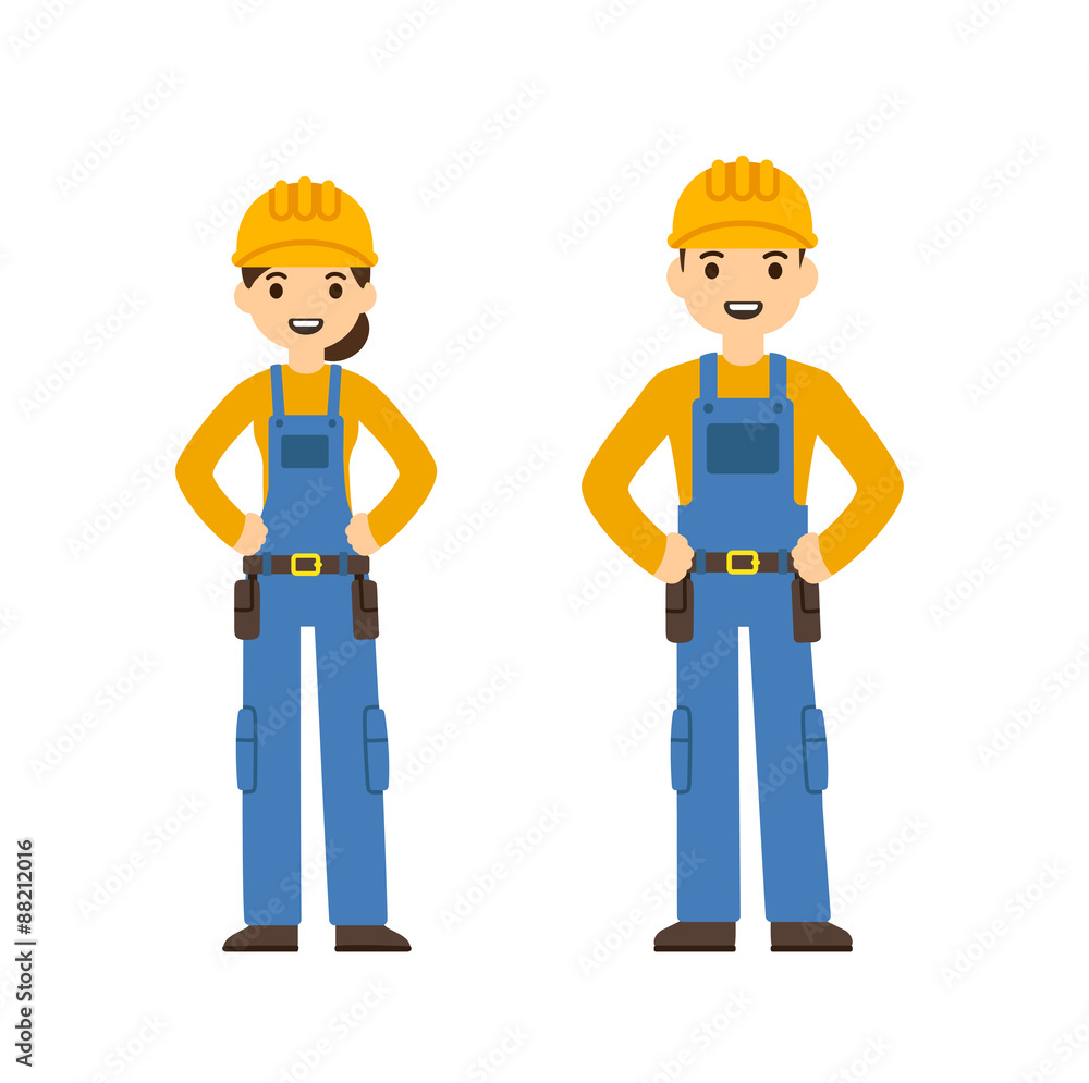 Two young construction workers, male and female, in cute flat cartoon style. Isolated on white background.