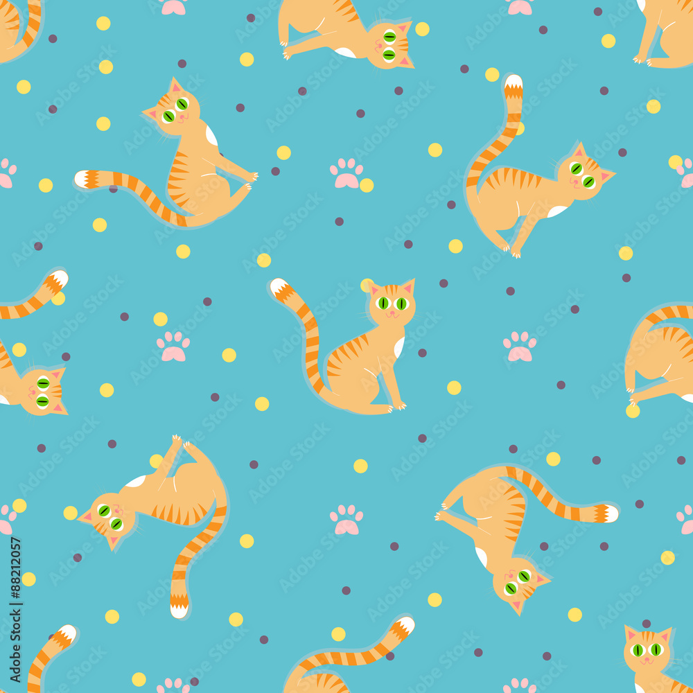 Red cats seamless pattern. Sitting red cat on a blue background with paw print