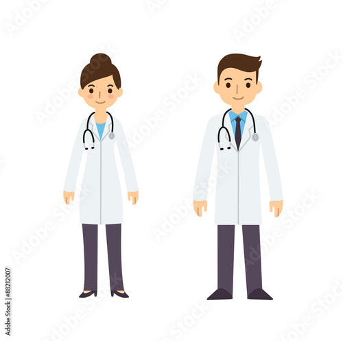 Two young doctors, man and woman, in cute flat cartoon style. Isolated on white background.