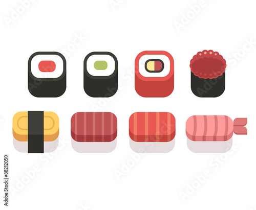 Set of simple sushi icons, geometric flat vector style.