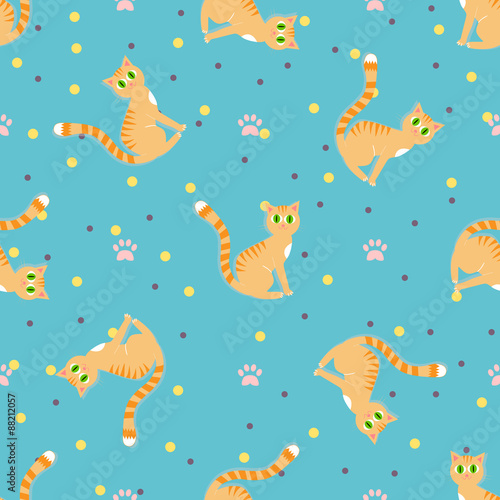 Red cats seamless pattern. Sitting red cat on a blue background with paw print