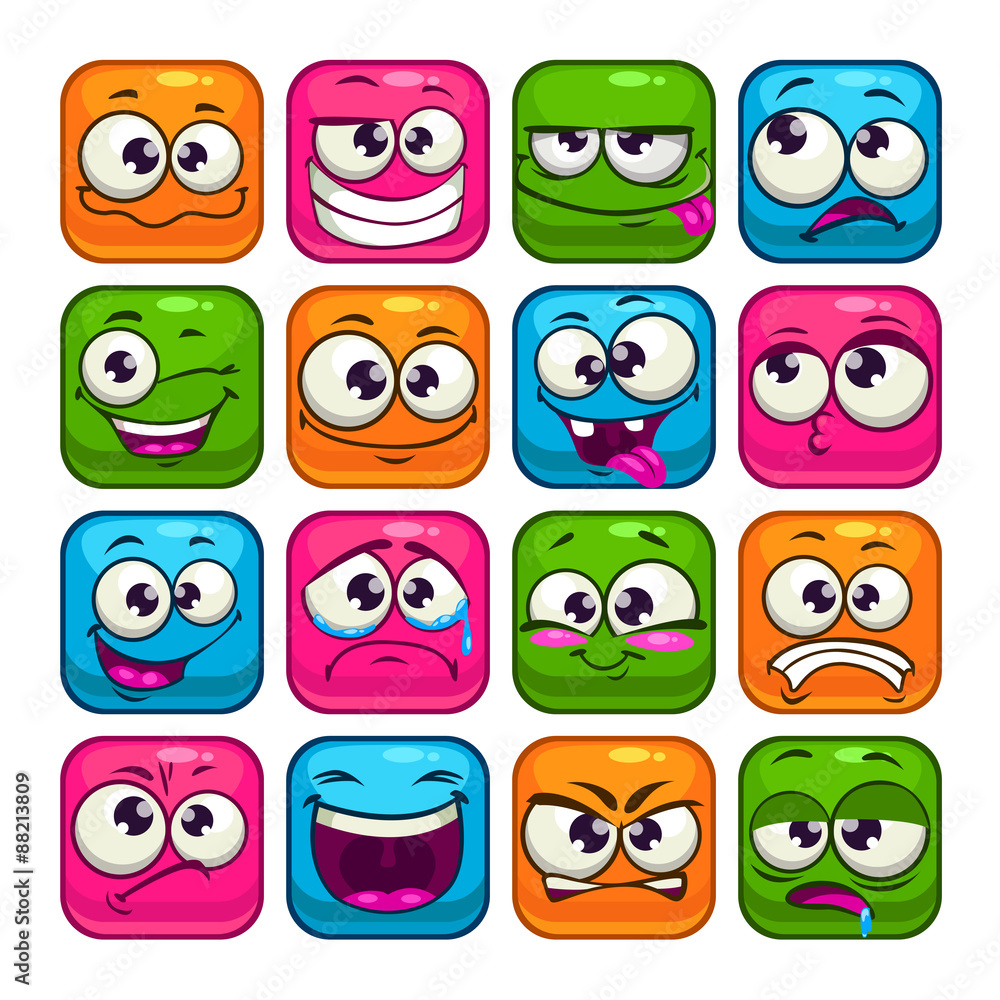 Funny colorful square faces set Funny colorful square faces set