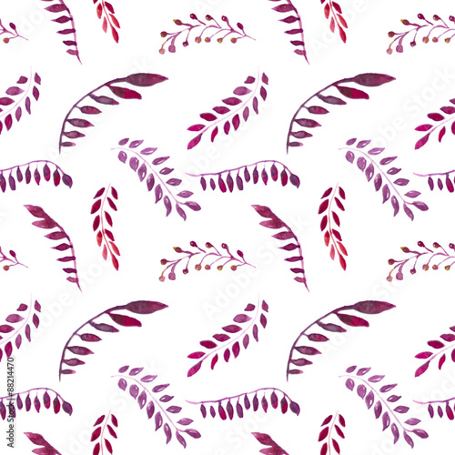 Seamless pattern with watercolor red leaves