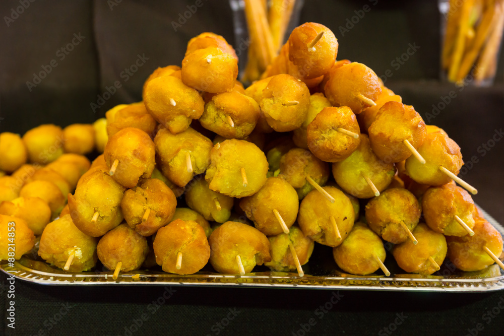 Pile of Deep Fried Skewers on Metal Tray Pile of Deep Fried Skewers on Metal Tray