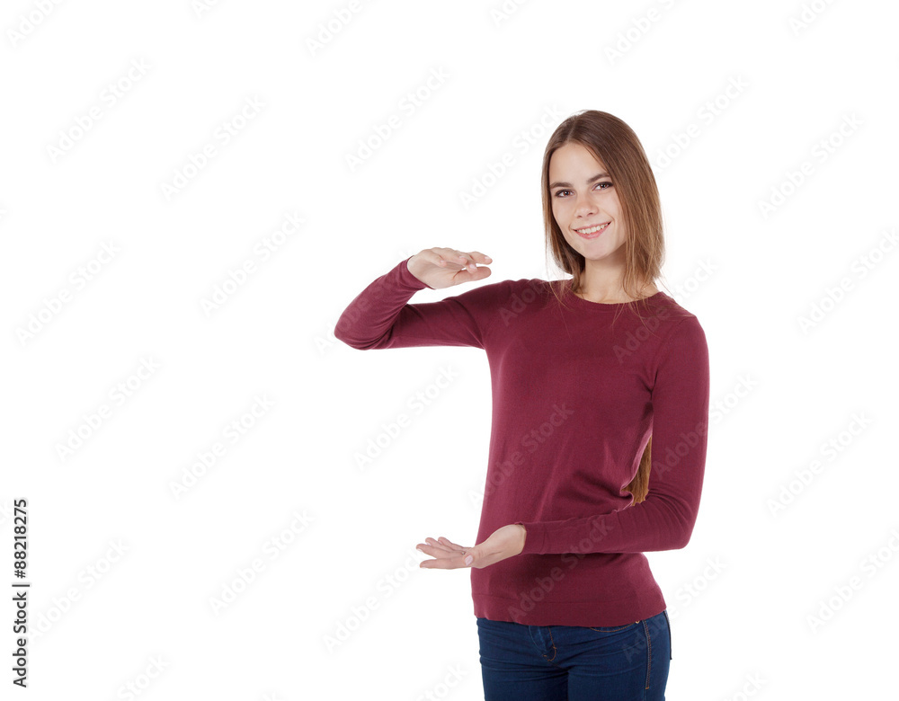 girl holding an imaginary large board girl holding an imaginary large board