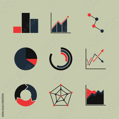Set of line chart and diagram (black-red) icons. Isolated on light background. Vector illustration.