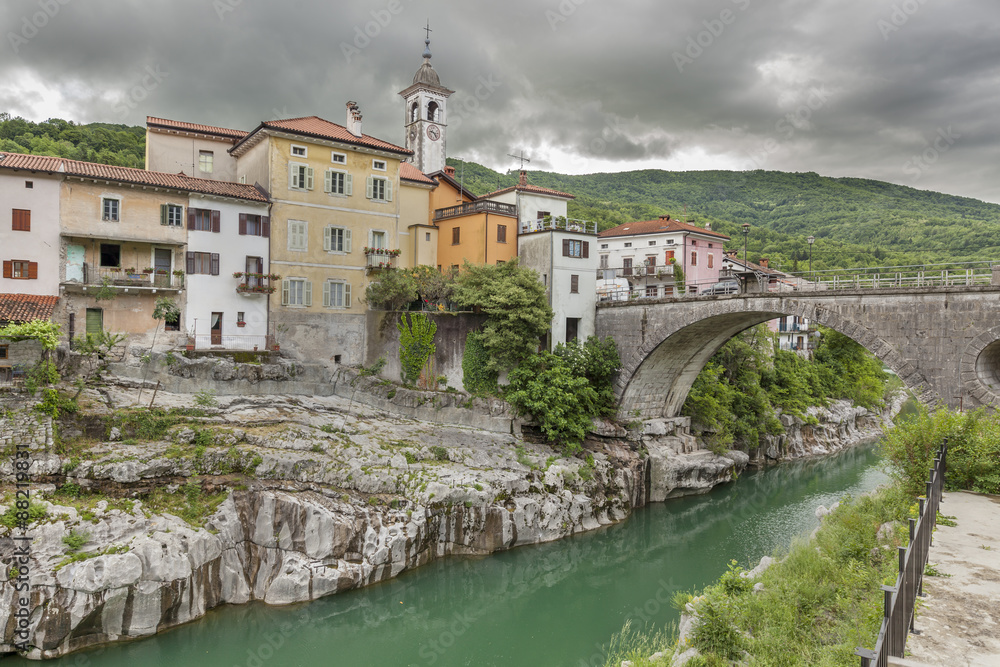 Picturesque small town Kanal with famous bridge over the river Soca, Slovenia