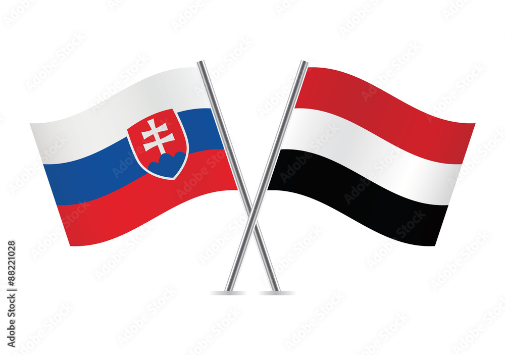 Yemen and Slovakia flags. Vector illustration. Yemen and Slovakia flags. Vector illustration.