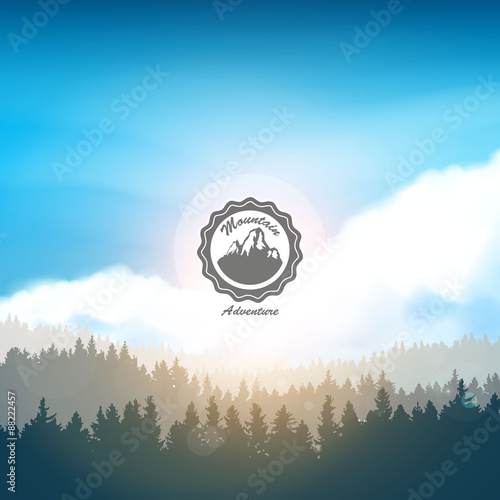 Modern shining landscape background with forest & mountains. Vector illustration