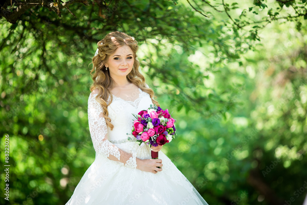 Young Happy Bride With Flower Bouquet Young Happy Bride With Flower Bouquet