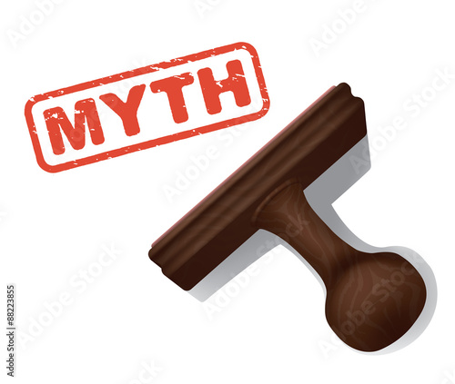 A realistic vector illustration of the word "MYTH" stamped in red by a rubber stamp with a wooden handle.