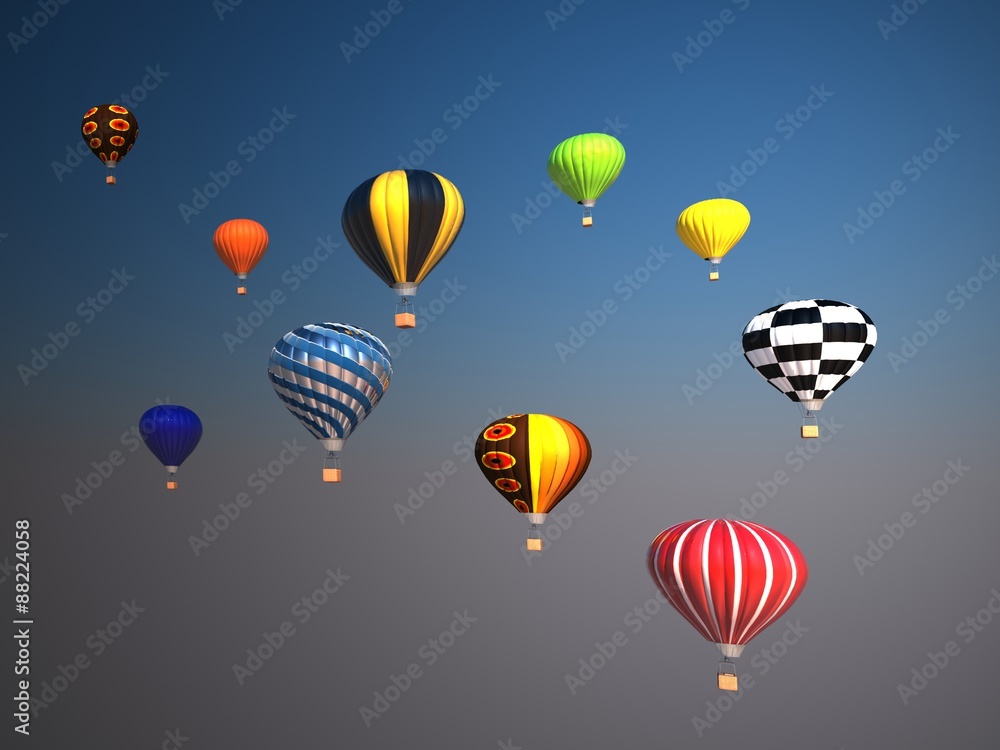 Naklejka premium Colorful hot air balloons over blue sky, 3d illustration