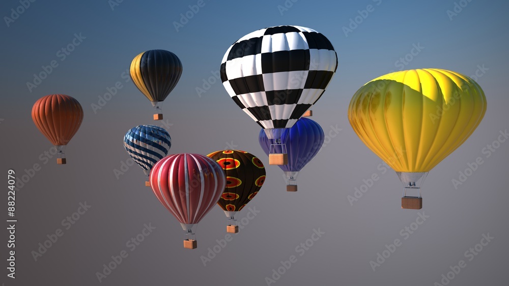 Obraz premium Colorful hot air balloons over blue sky, 3d illustration