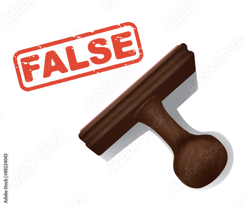 A realistic vector illustration of the word "FALSE" stamped in red by a rubber stamp with a wooden handle.