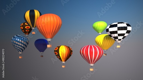 Colorful hot air balloons over blue sky, 3d illustration