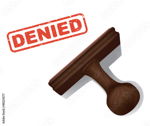 A realistic vector illustration of the word "DENIED" stamped in red by a rubber stamp with a wooden handle.