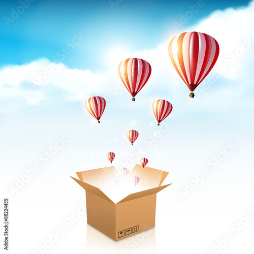 open box with the outgoing light and hot air balloon. Vector