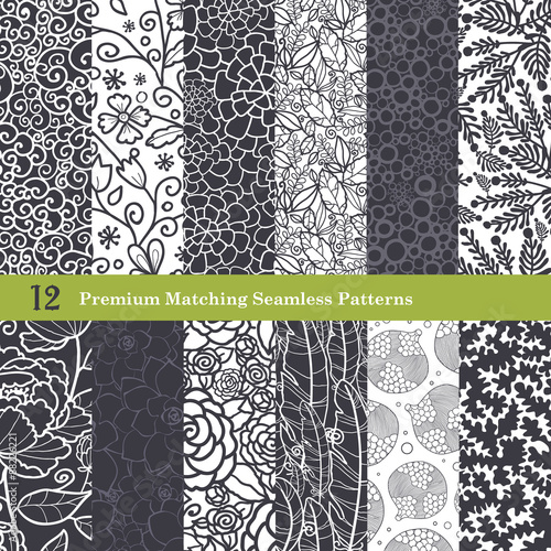 Vector Black White Natural Flat 12 Set Seamless Pattern