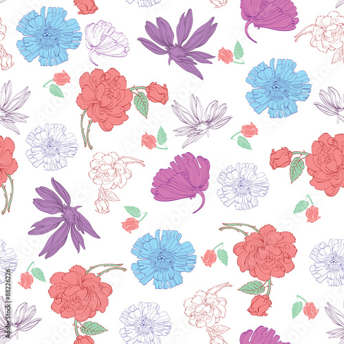 Vector Colorful Kimono Flowers on White Seamless Pattern