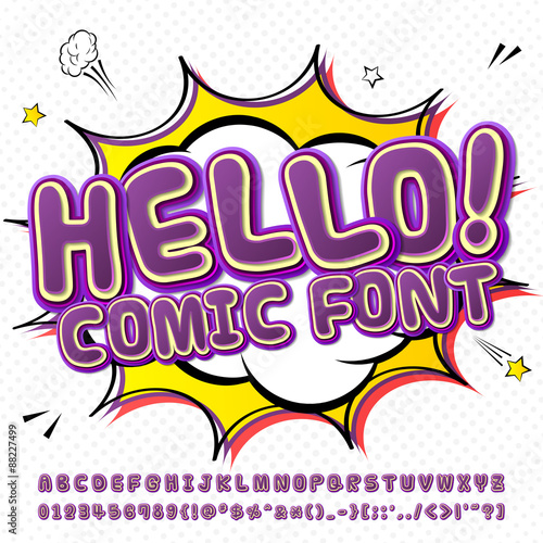 Creative high detail purple comic fontn. Alphabet, comics, pop art. photo