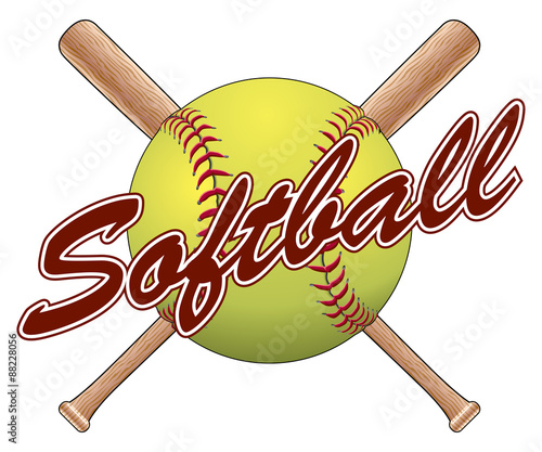 Softball Team Design is an illustration of a softball design with a softball, crossed bats and the word softball. 