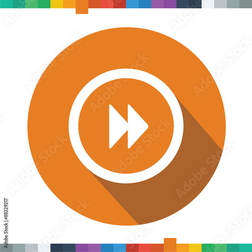 Flat fast forward double right arrows icon in a circle with a long shadow.