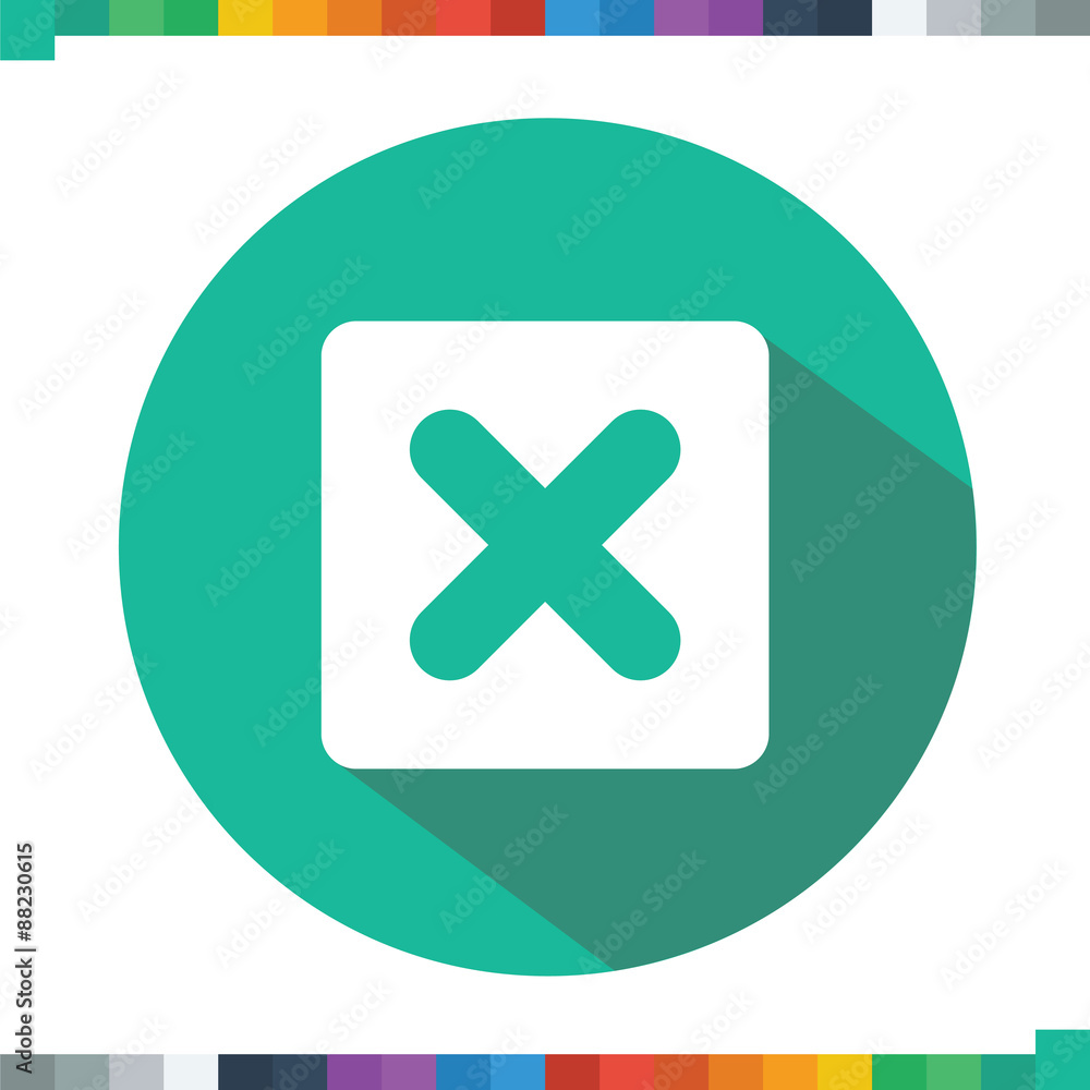 Delete button, multiply symbol flat color icon in a rectangle with a long shadow. Delete button, multiply symbol flat color icon in a rectangle with a long shadow.