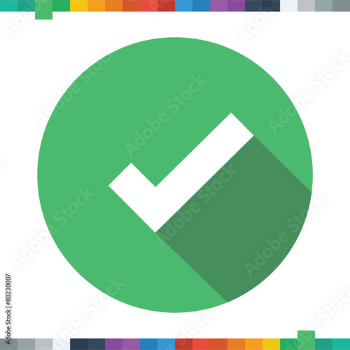 Flat tick icon in a green cercle with a long shadow.