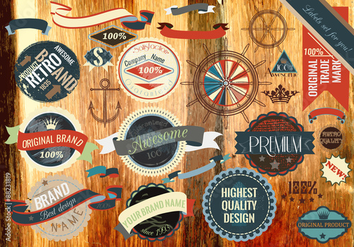 Collection of vector vintage labels on wooden texture