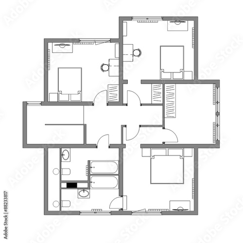 Obraz na plátne The draft plan of arrangement of all furniture, architect plan, black-and-white,