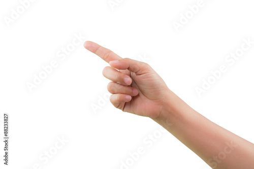 Woman pointing of posture, isolated on white background