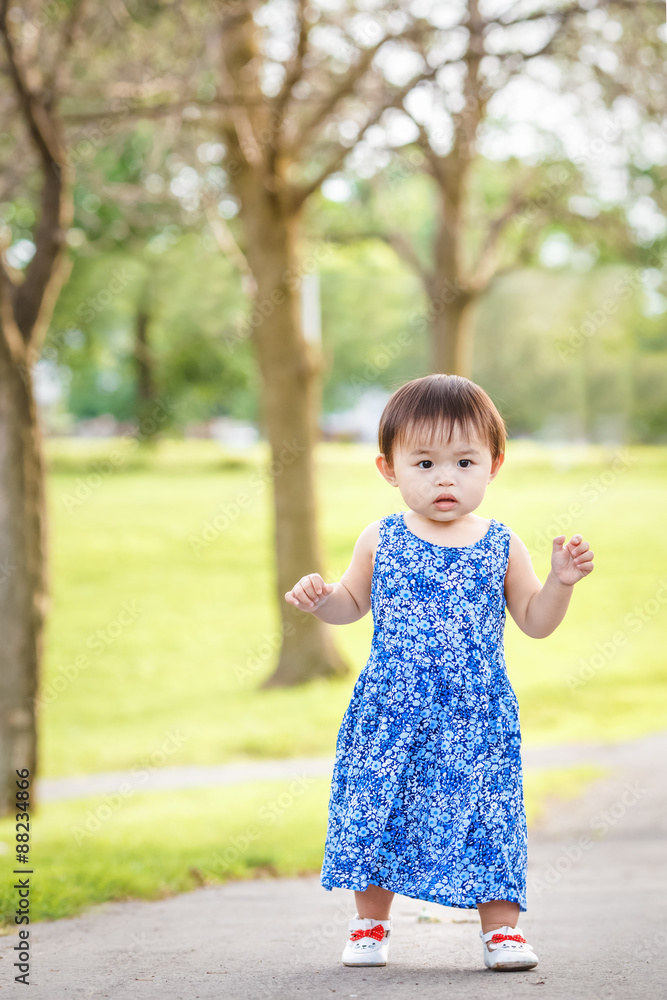 Portrait of a cute adorable little Asian girl child, one two years old, in blue dress and white shoes walking running in park outside on summer day, concept of first baby steps Portrait of a cute adorable little Asian girl child, one two years old, in blue dress and white shoes walking running in park outside on summer day, concept of first baby steps