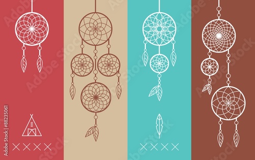 Dream catcher boho flat line icons set