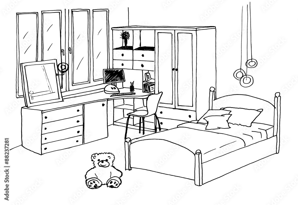 Children's, kids room graphical sketch of an interior, liner Stock