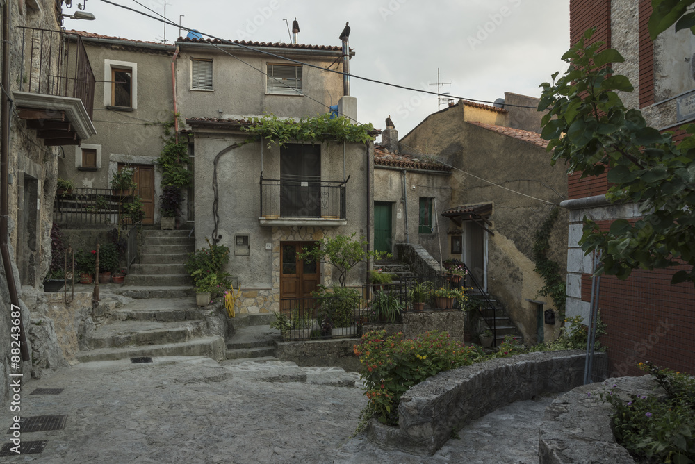 Morigerati, charming little village in southern Italy. Cielnto, Campania, Piazzette medieval stone houses, narrow streets, Mediterranean colors, diffuse hotel. 
