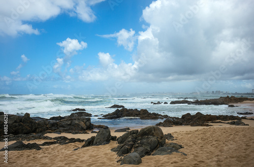 Brazil, Salvador, view of the rough sea near the Farol De Itapua (lighthouse)