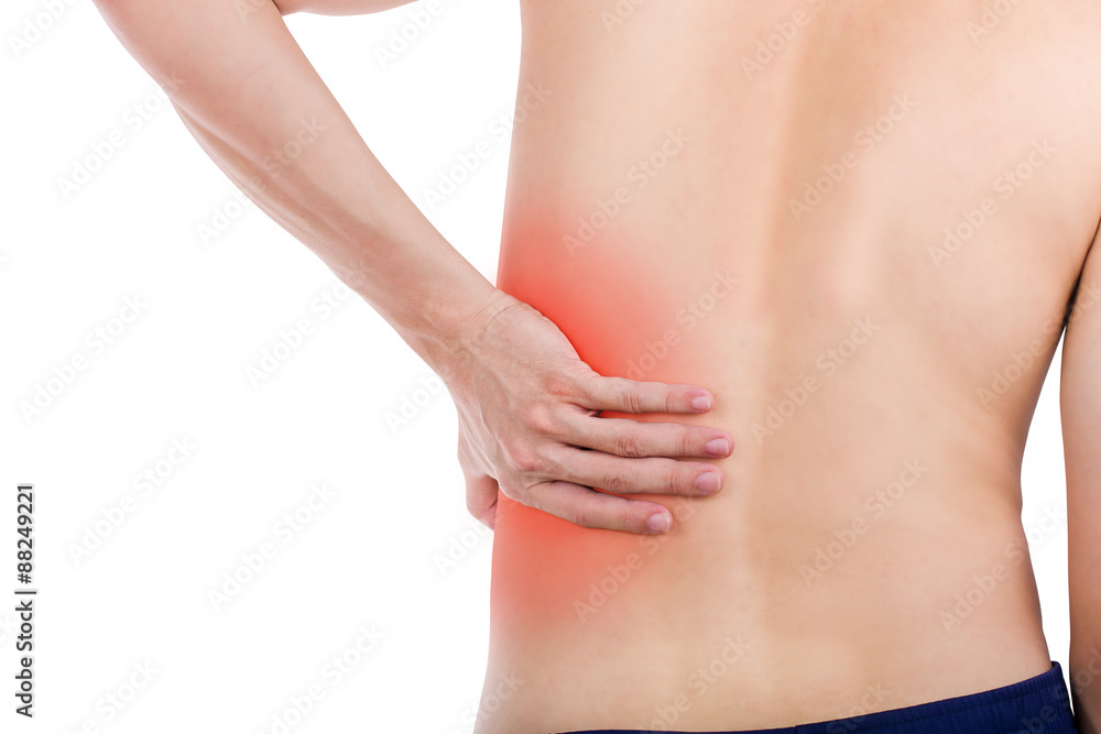Close up male back pain isolated white background.