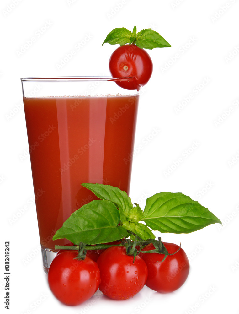 Glass of tomato juice with green leaves isolated on white Glass of tomato juice with green leaves isolated on white