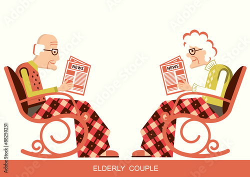 Pensioner in chair sitting and reading newspaper