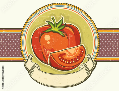 Vintage red tomatos label on old paper background texture.Vector