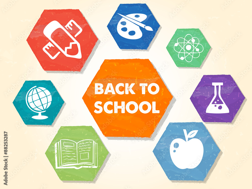 back to school with educational symbols, grunge drawn hexagons l back to school with educational symbols, grunge drawn hexagons l