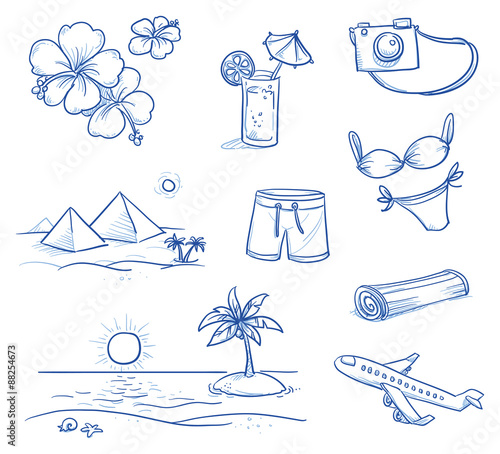 Icon set summer beach holidays, vacation with hibiscus flowers, camera, drink, bathing suits, shore, plane, pyramids. Hand drawn doodle vector illustration.